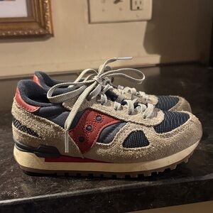 Saucony Kids Beige, Black and Red Suede Mesh Sneakers